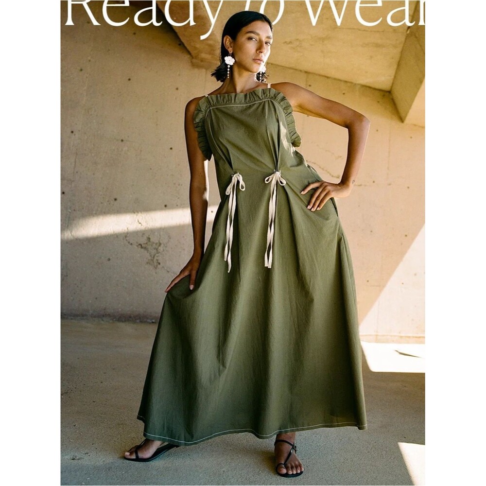 Chan Luu Olive Green Cotton Dress Size 1 Small Ruffle Tie Detail Boho
